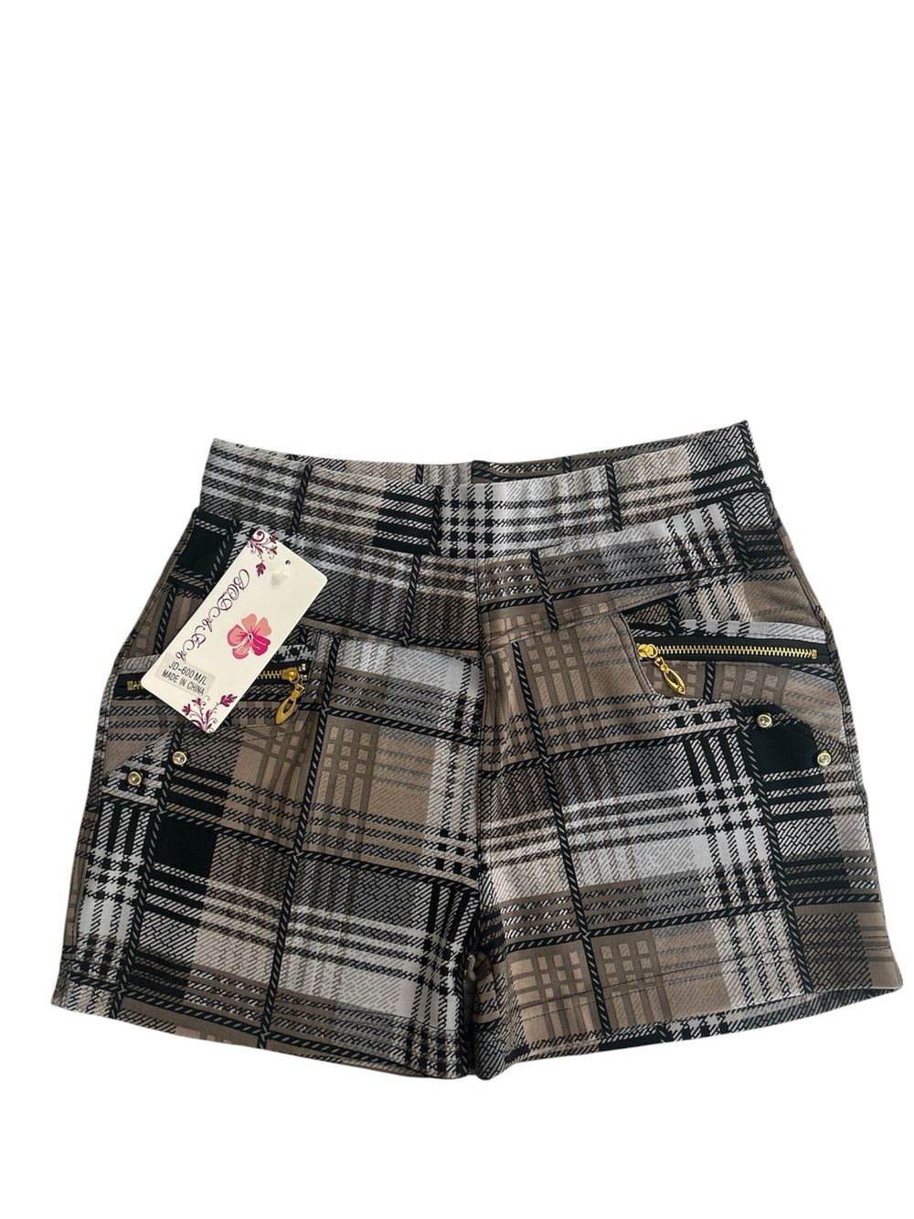 New Women's Plaid Shorts Brown Tan Gold Zip Detail Size M/L NWT